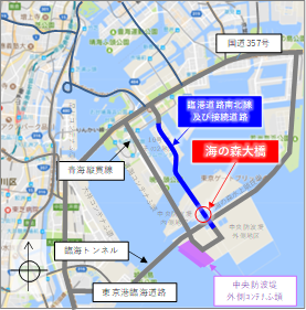 臨港道路南北線及び接続道路の地図